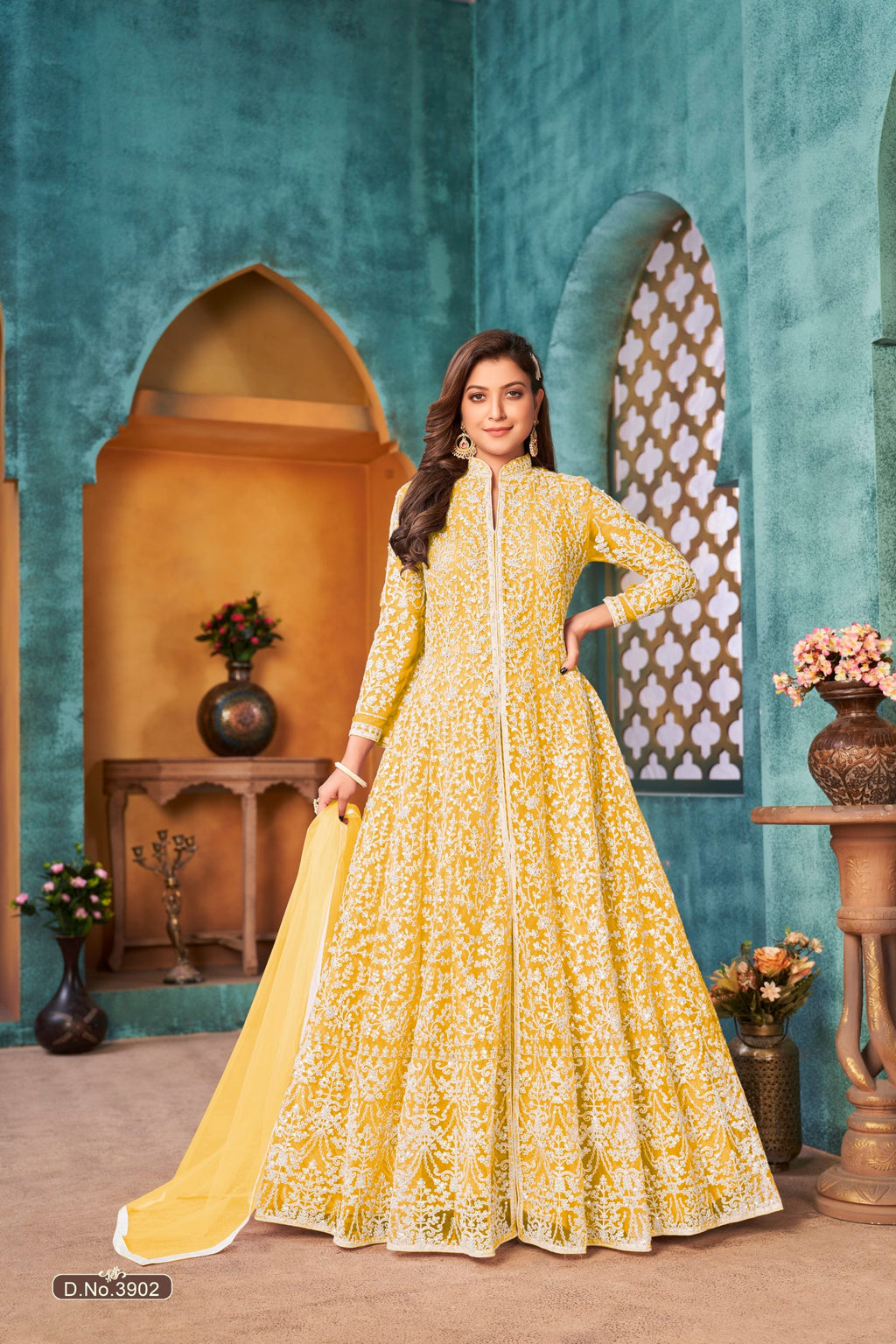 Anaita Yellow Embroidered Net Anarkali Suit - Distacart