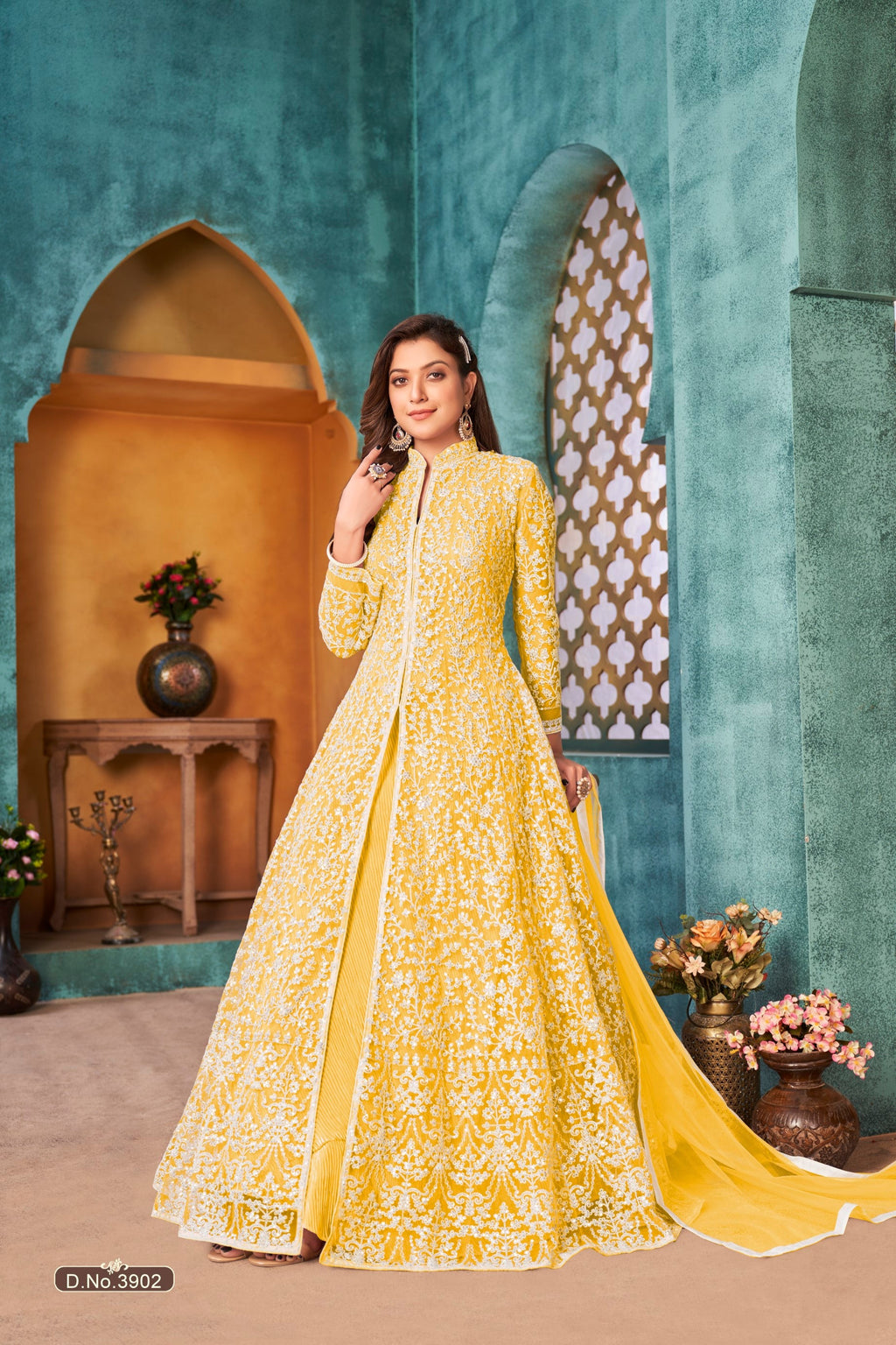 Anaita Yellow Embroidered Net Anarkali Suit - Distacart