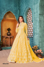 Anaita Yellow Embroidered Net Anarkali Suit - Distacart