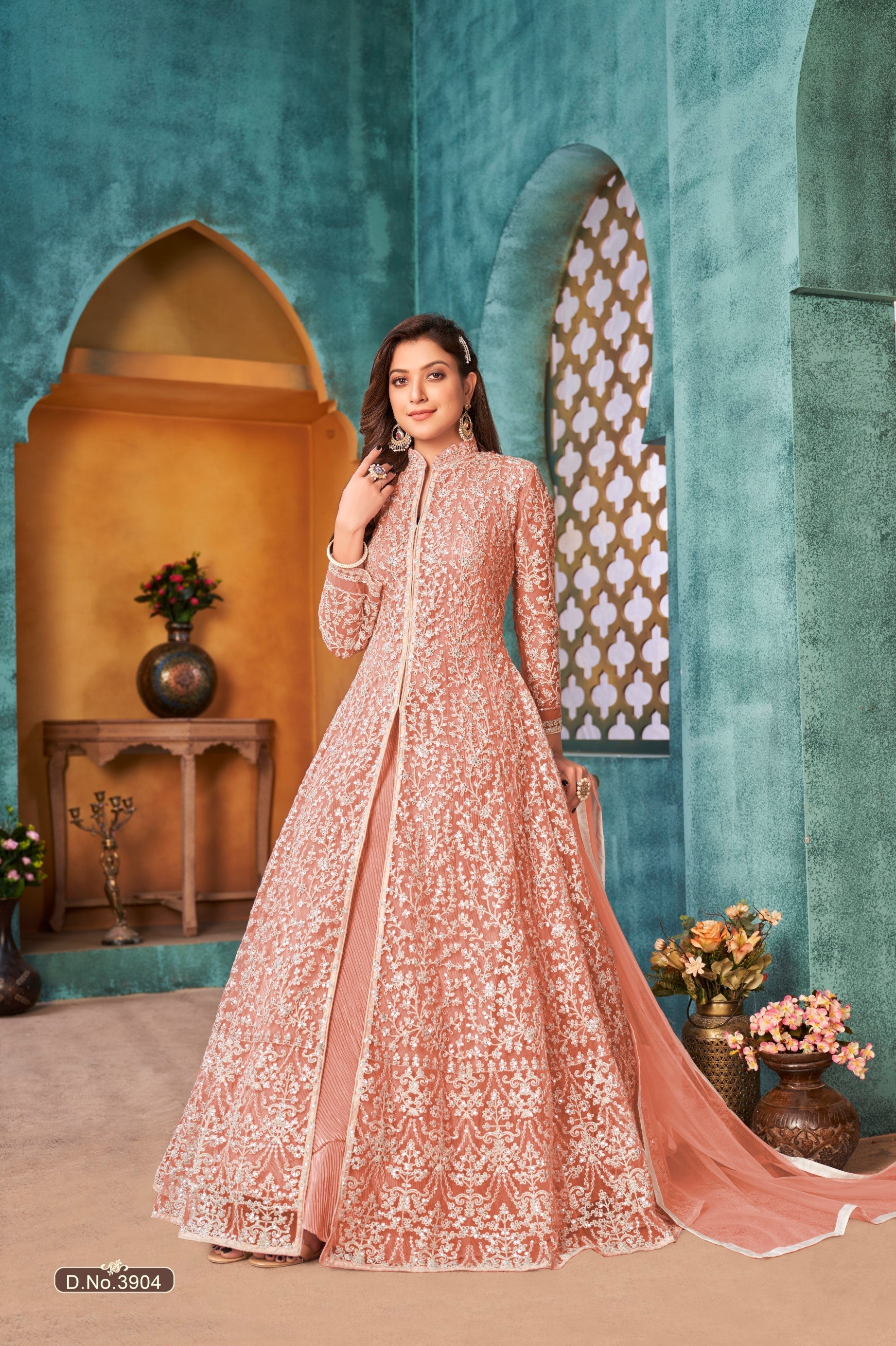 Anaita Peach Embroidered Net Anarkali Suit - Distacart