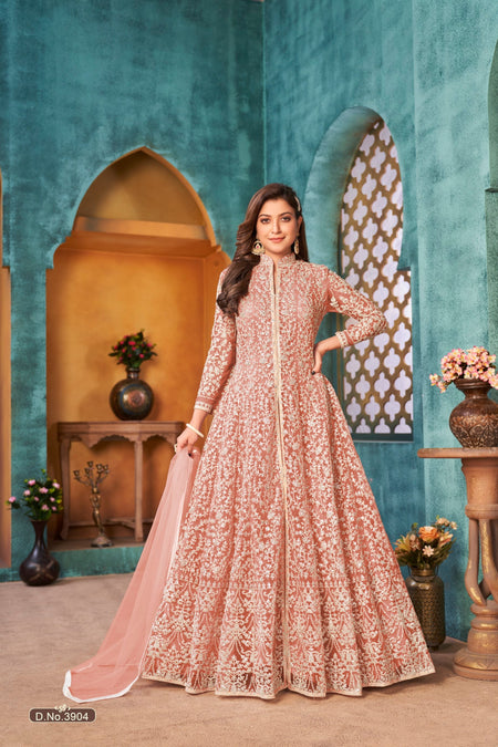 Anaita Peach Embroidered Net Anarkali Suit