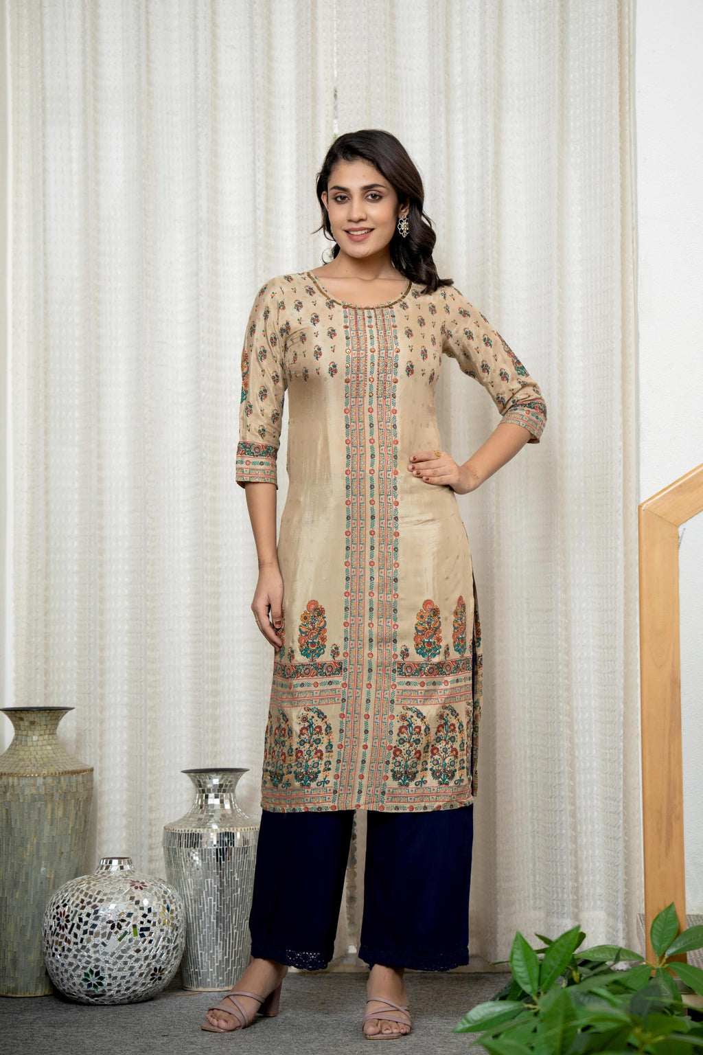 Juniper Beige Floral Printed Viscose Kurta With Beads & Sequins - Distacart