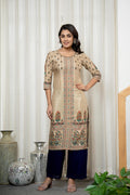 Juniper Beige Floral Printed Viscose Kurta With Beads & Sequins - Distacart