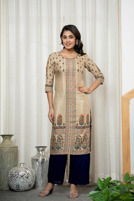 Juniper Beige Floral Printed Viscose Kurta With Beads & Sequins