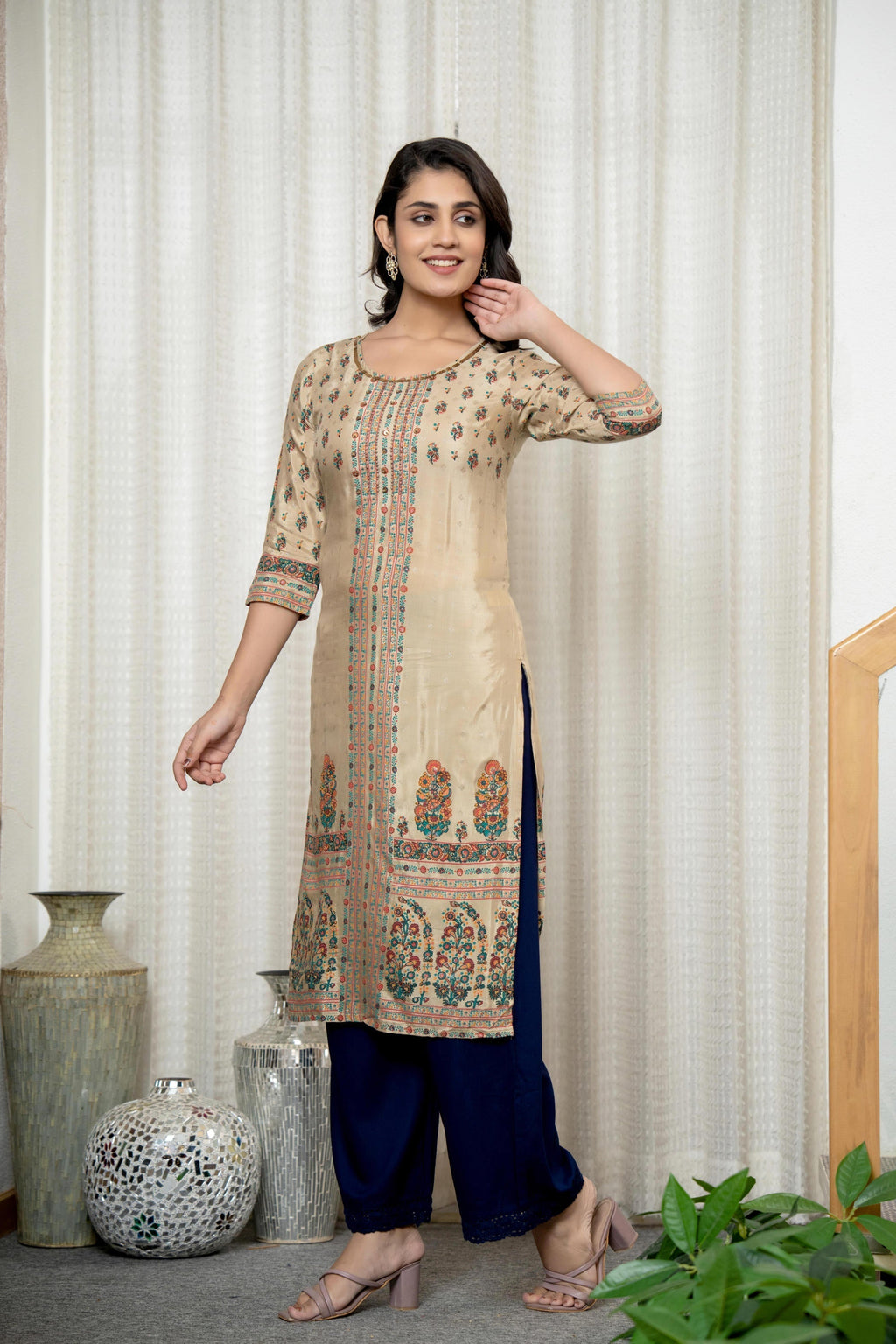 Juniper Beige Floral Printed Viscose Kurta With Beads & Sequins - Distacart