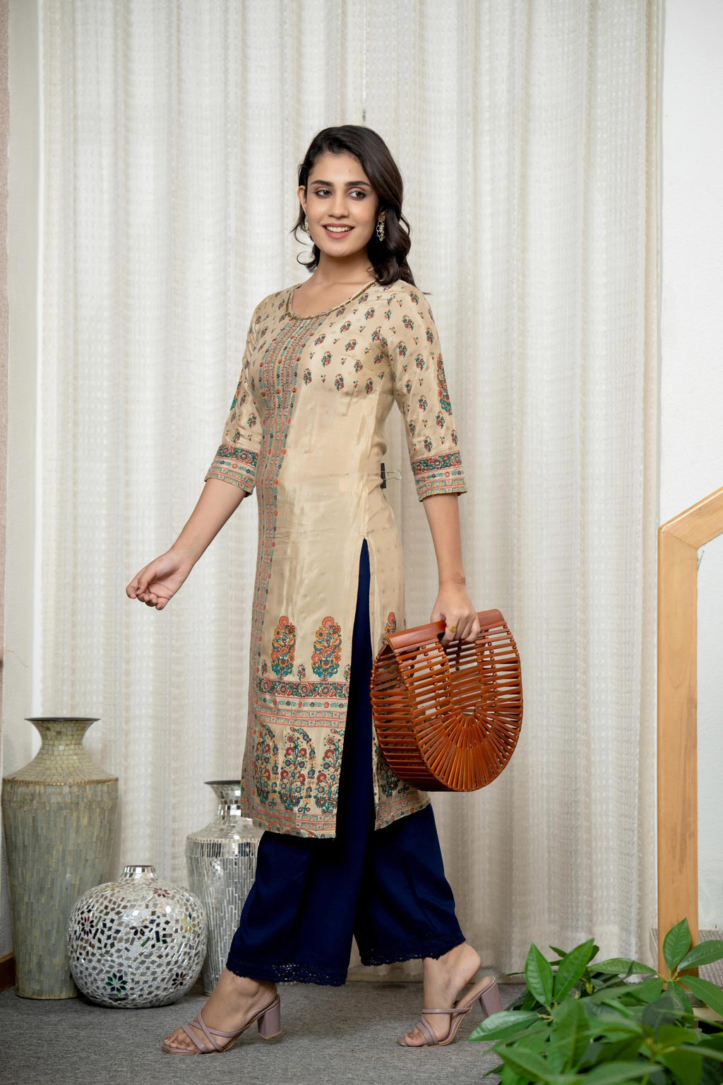 Juniper Beige Floral Printed Viscose Kurta With Beads & Sequins - Distacart
