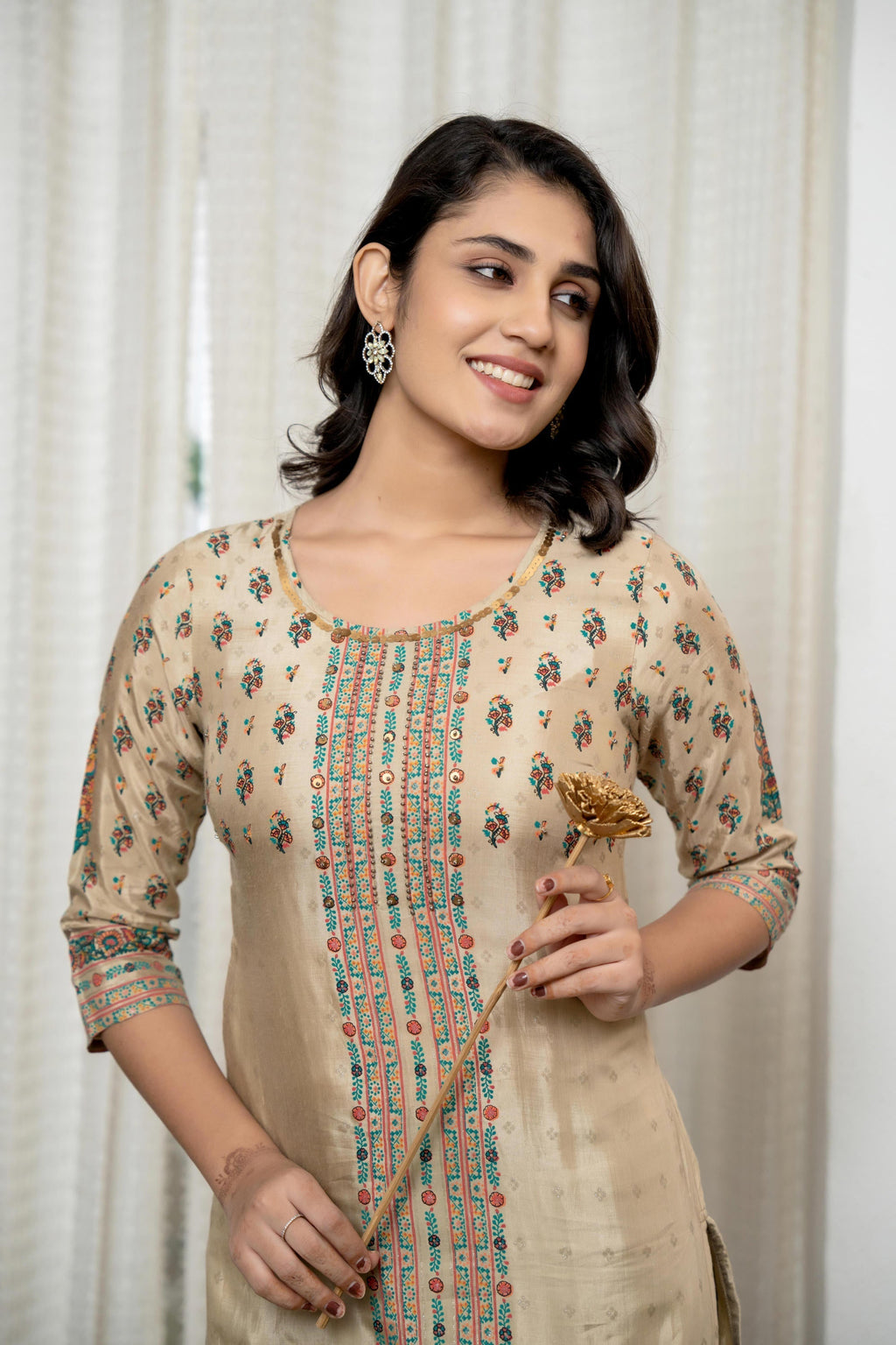 Juniper Beige Floral Printed Viscose Kurta With Beads & Sequins - Distacart