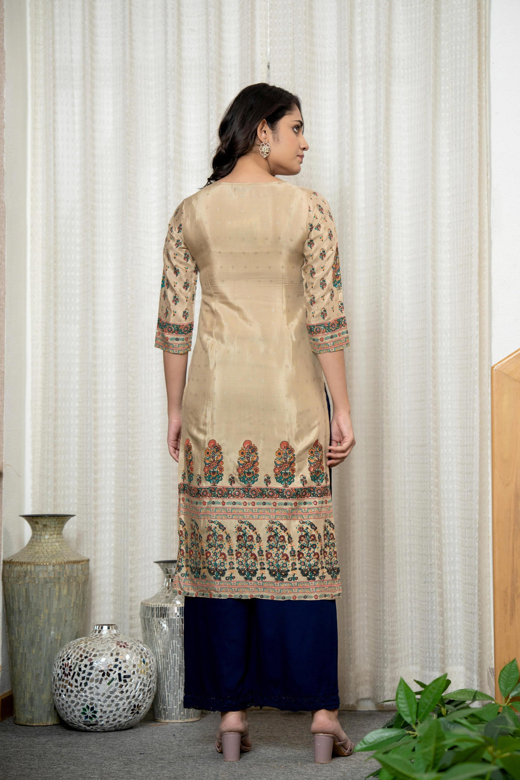 Juniper Beige Floral Printed Viscose Kurta With Beads & Sequins - Distacart