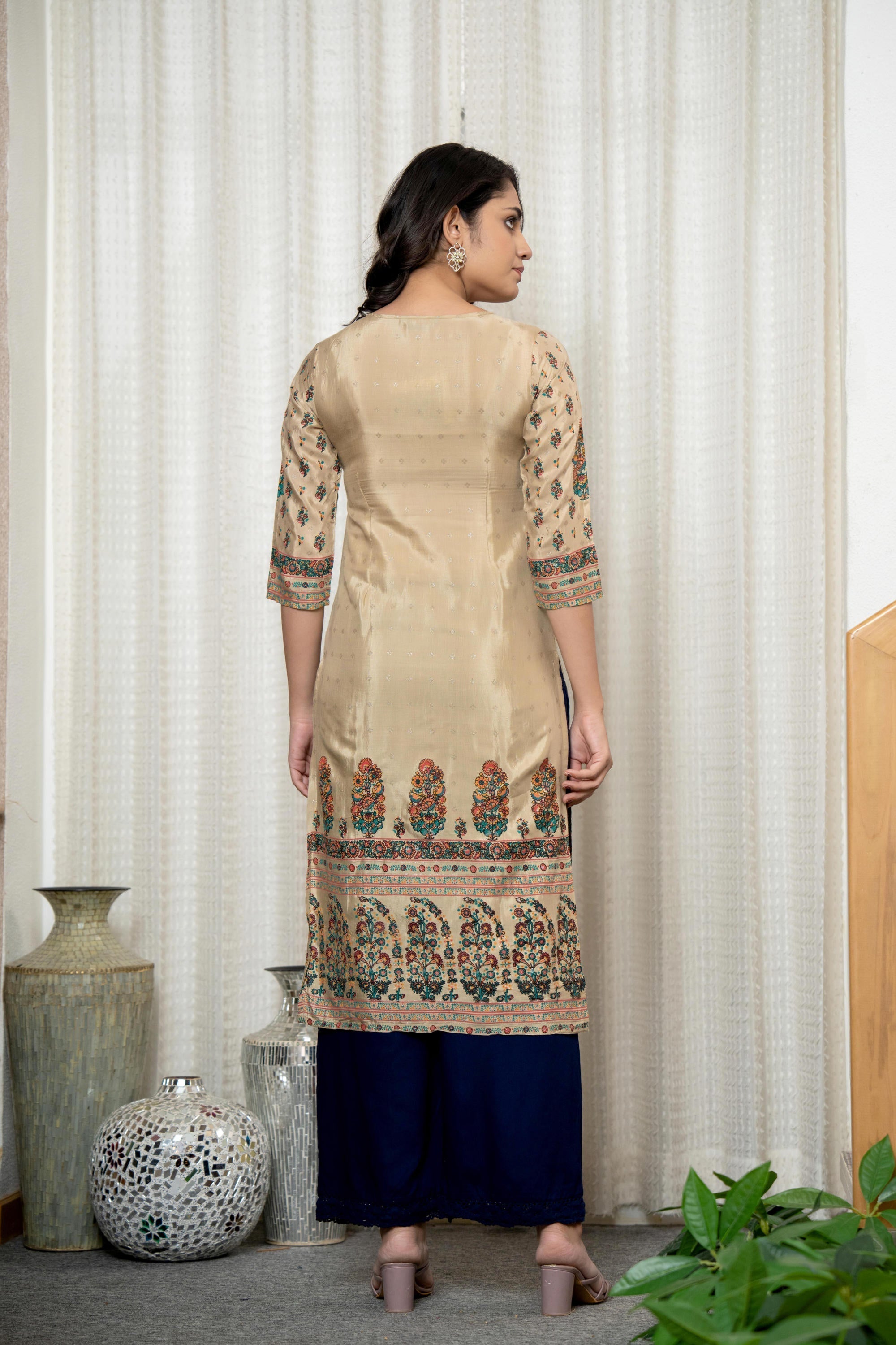 Juniper Beige Floral Printed Viscose Kurta With Beads & Sequins - Distacart