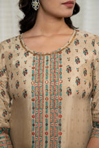 Juniper Beige Floral Printed Viscose Kurta With Beads & Sequins - Distacart