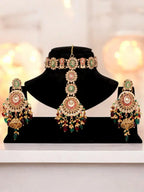 Tehzeeb Creations Traditional Designer Kundan Stone Maroon and Green Meenakari Choker Bridal Set