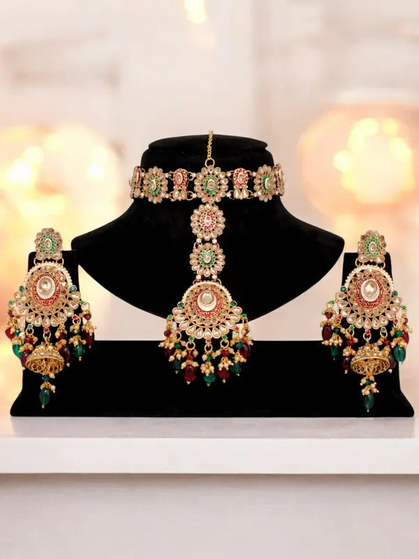 Tehzeeb Creations Traditional Designer Kundan Stone Maroon and Green Meenakari Choker Bridal Set