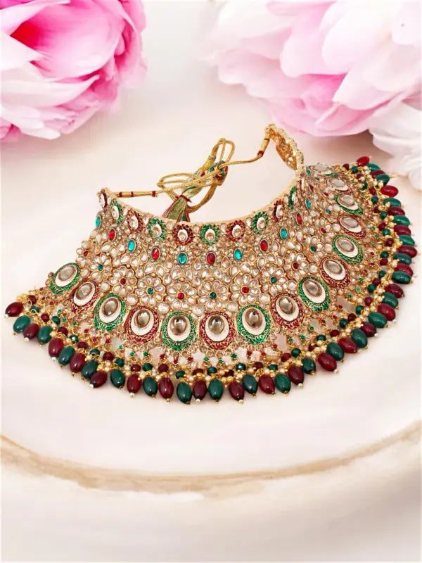 Tehzeeb Creations Traditional Designer Kundan Stone Maroon and Green Meenakari Choker Bridal Set