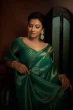 Vardha Persian Green Golden Zari Kanjeevaram Silk Saree
