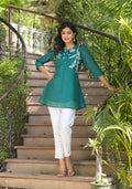 Juniper Green Solid Chanderi Tunic With Thread Work & Buttons