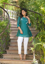 Juniper Green Solid Chanderi Tunic With Thread Work & Buttons