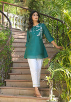 Juniper Green Solid Chanderi Tunic With Thread Work & Buttons