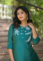 Juniper Green Solid Chanderi Tunic With Thread Work & Buttons