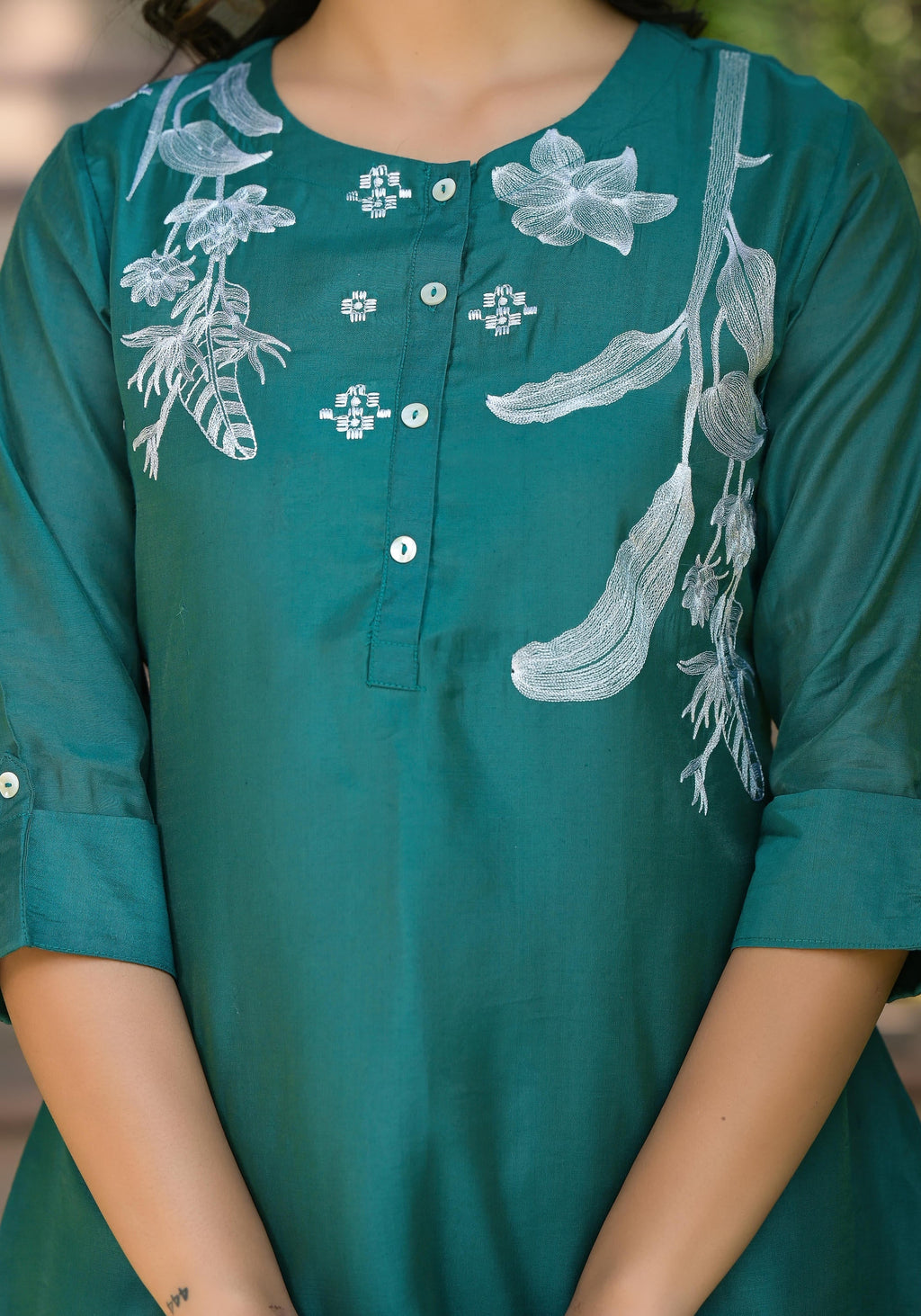 Juniper Green Solid Chanderi Tunic With Thread Work & Buttons