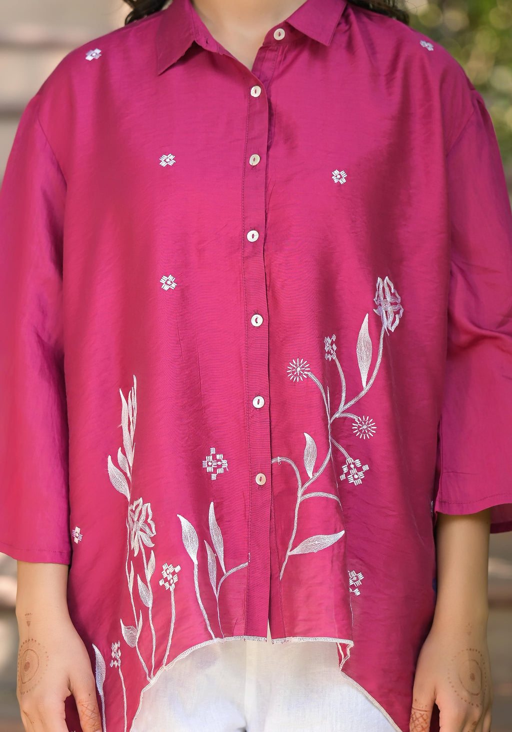 Juniper Fuchsia Thread Embroidered Chanderi Tunic With Button Closure