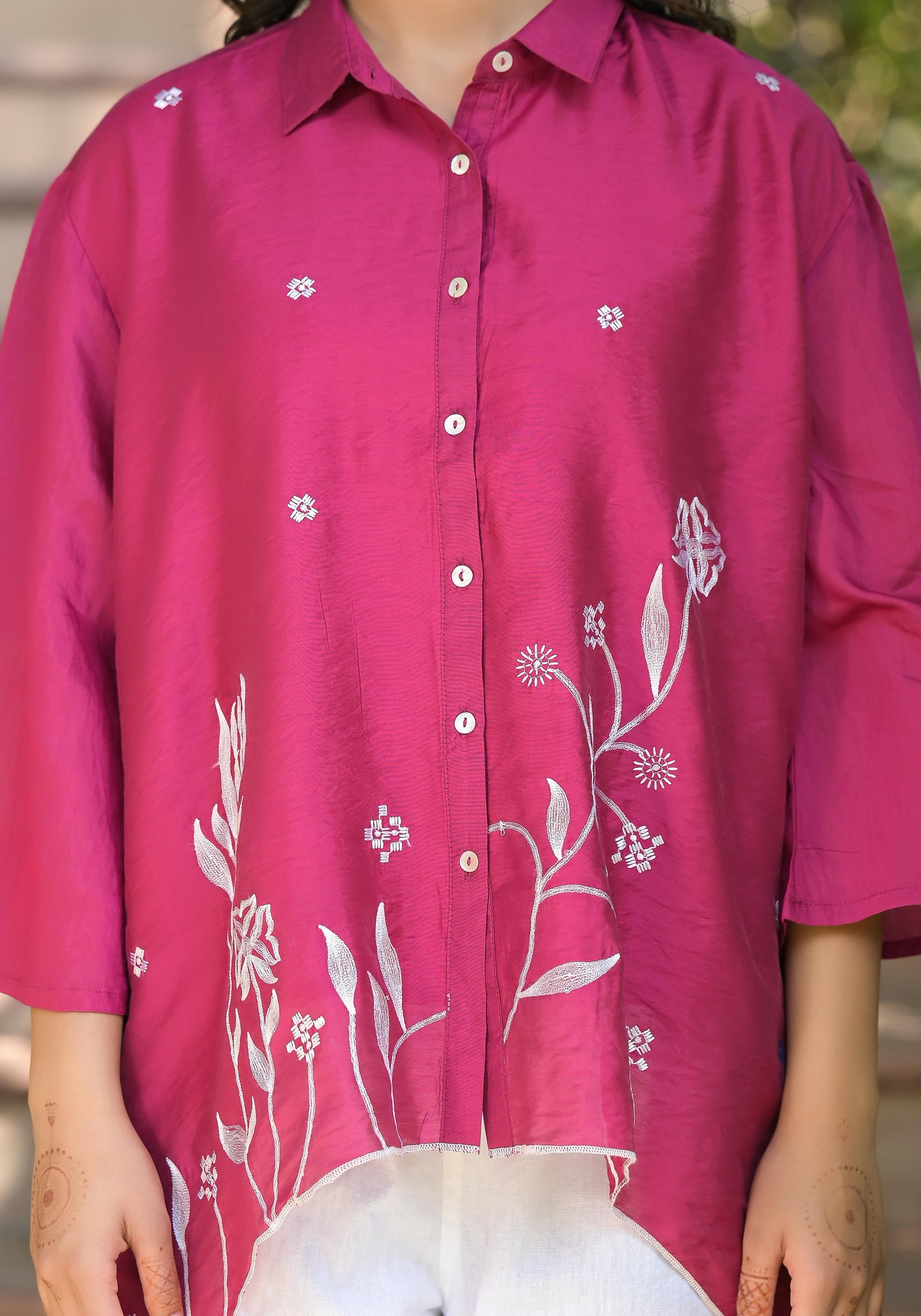 Juniper Fuchsia Thread Embroidered Chanderi Tunic With Button Closure
