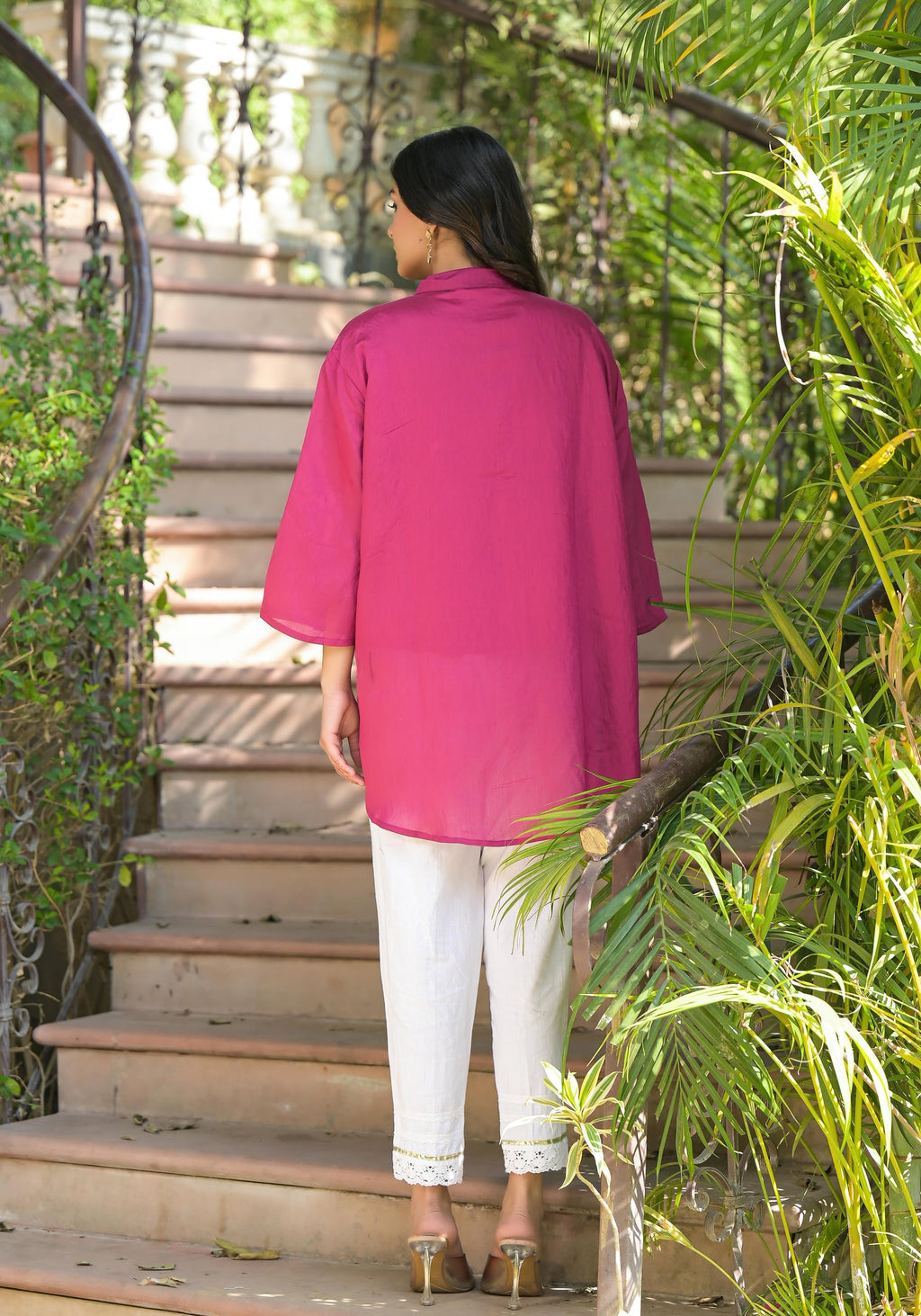 Juniper Fuchsia Thread Embroidered Chanderi Tunic With Button Closure