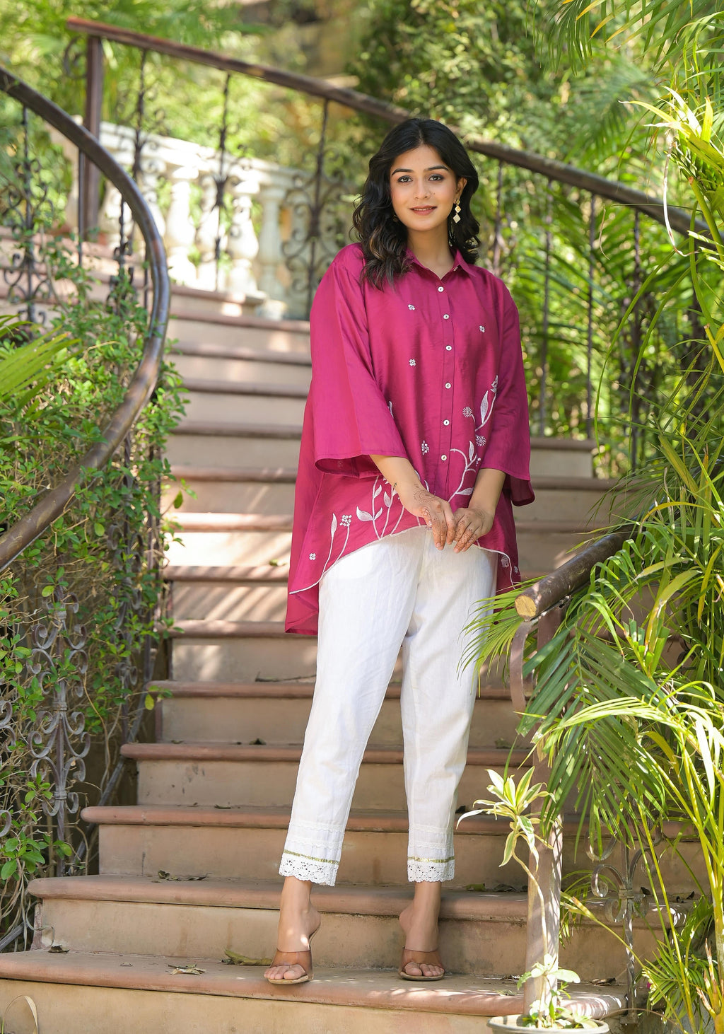 Juniper Fuchsia Thread Embroidered Chanderi Tunic With Button Closure