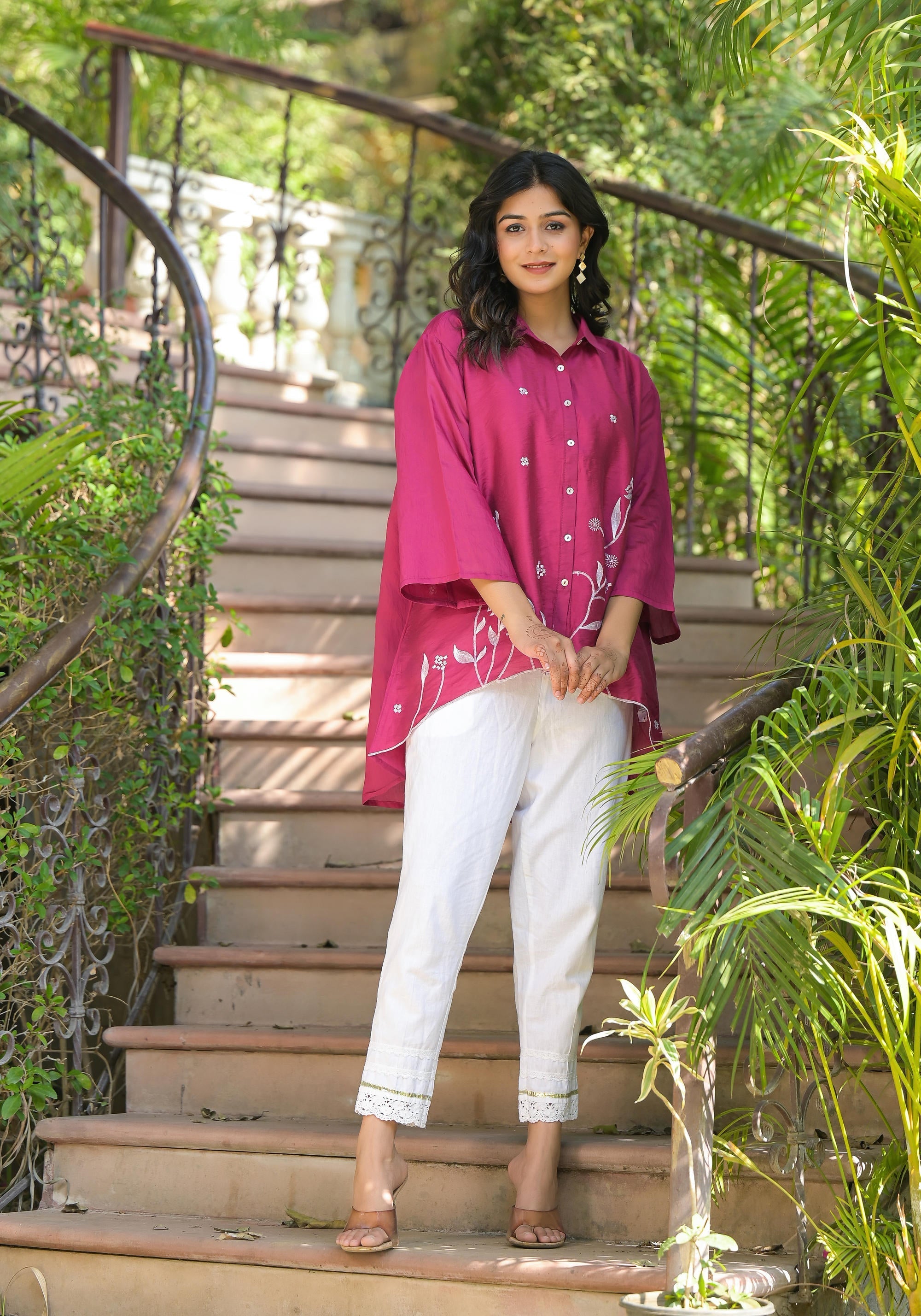 Juniper Fuchsia Thread Embroidered Chanderi Tunic With Button Closure