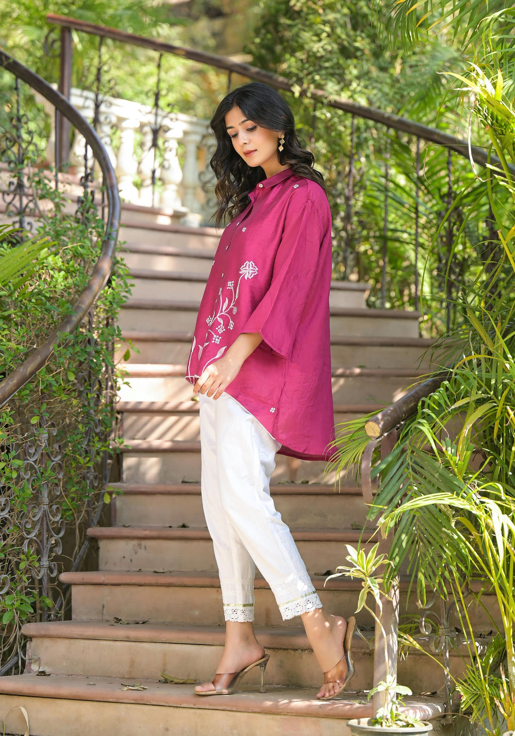 Juniper Fuchsia Thread Embroidered Chanderi Tunic With Button Closure
