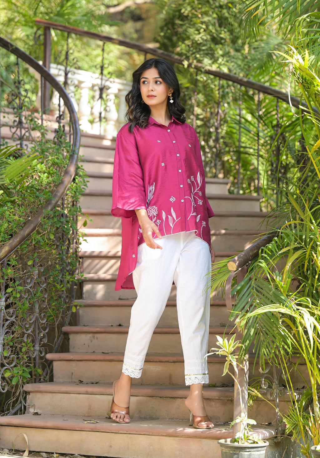 Juniper Fuchsia Thread Embroidered Chanderi Tunic With Button Closure