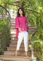 Juniper Fuchsia Thread Embroidered Chanderi Tunic With Button Closure