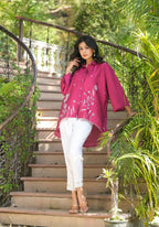 Juniper Fuchsia Thread Embroidered Chanderi Tunic With Button Closure