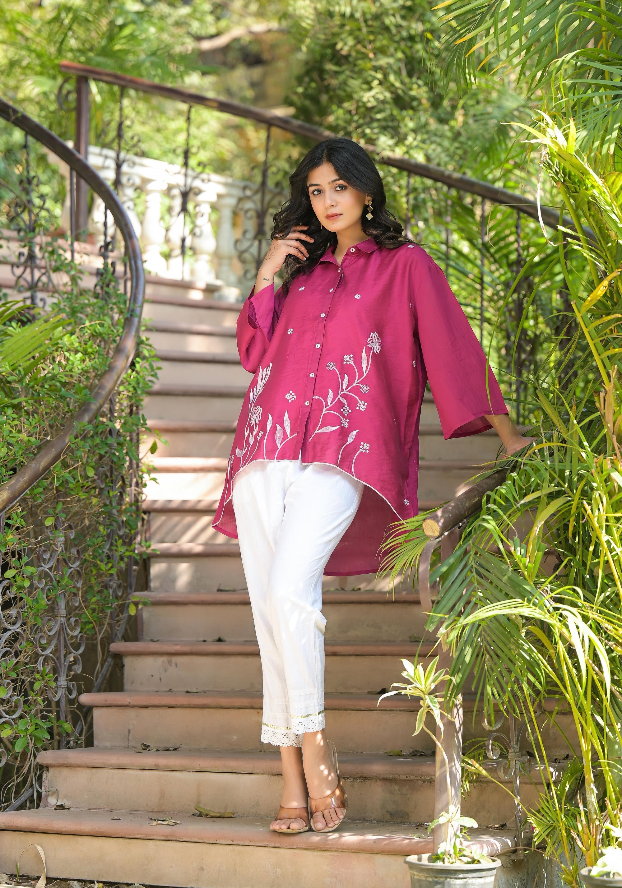 Juniper Fuchsia Thread Embroidered Chanderi Tunic With Button Closure
