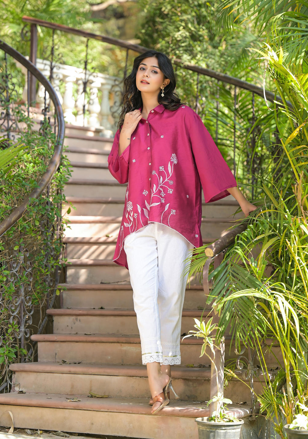 Juniper Fuchsia Thread Embroidered Chanderi Tunic With Button Closure
