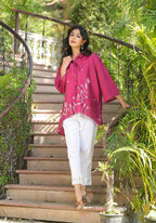 Juniper Fuchsia Thread Embroidered Chanderi Tunic With Button Closure