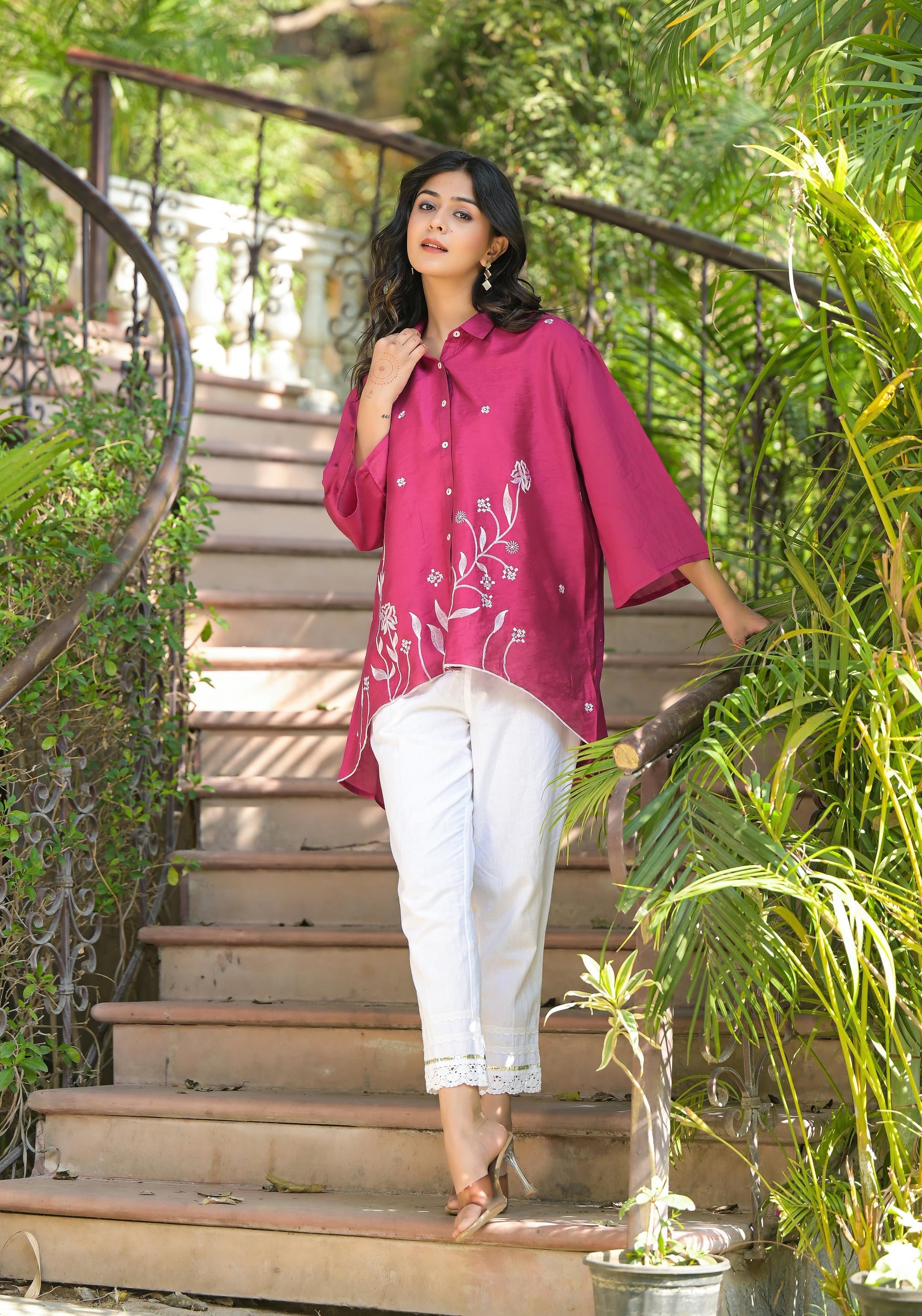Juniper Fuchsia Thread Embroidered Chanderi Tunic With Button Closure