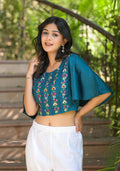 Juniper Women's Blue Thread Embroidered Rayon Top With Mirror Work