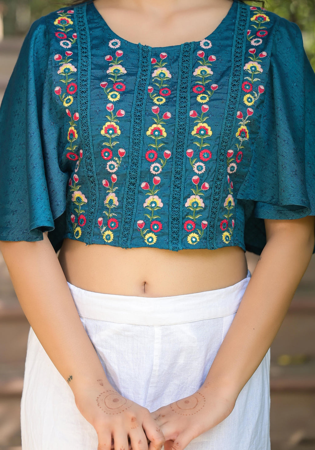 Juniper Women's Blue Thread Embroidered Rayon Top With Mirror Work