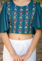 Juniper Women's Blue Thread Embroidered Rayon Top With Mirror Work