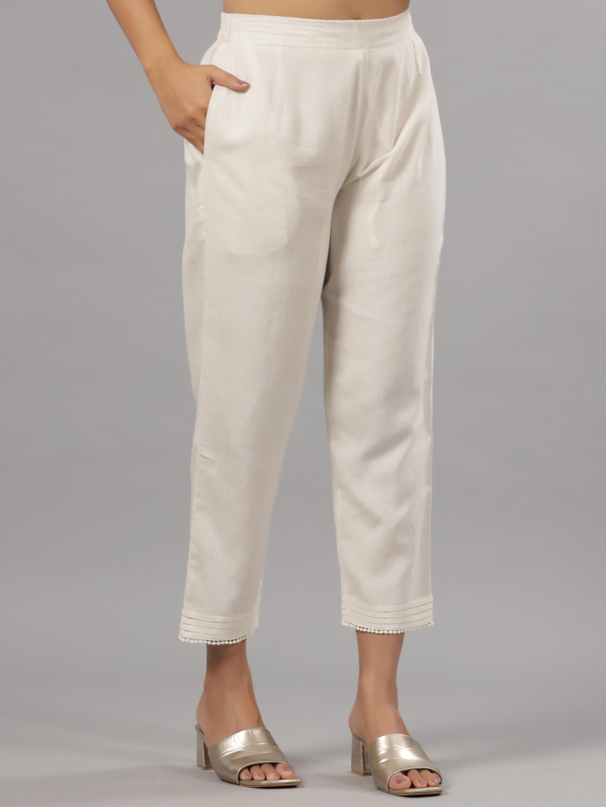 Juniper Natural Solid Liva Rayon Pant With Lace - Distacart