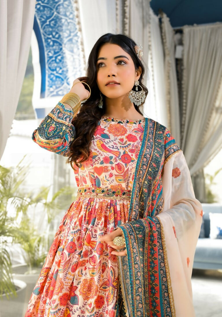 Wedding Designer Multi Soft Dola Silk Anarkali suit with Dupatta - Sanj