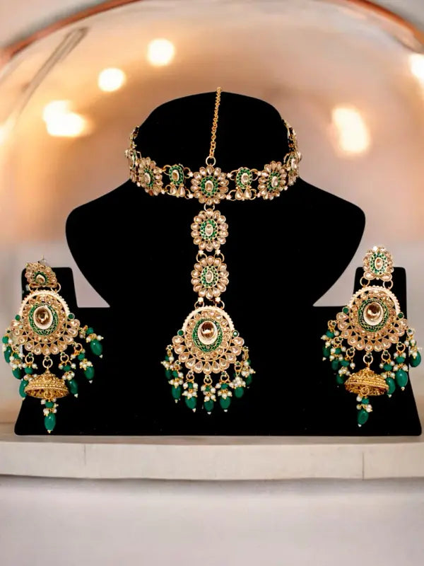 Tehzeeb Creations Traditional Designer Kundan Stone Green Meenakari Choker Bridal Set
