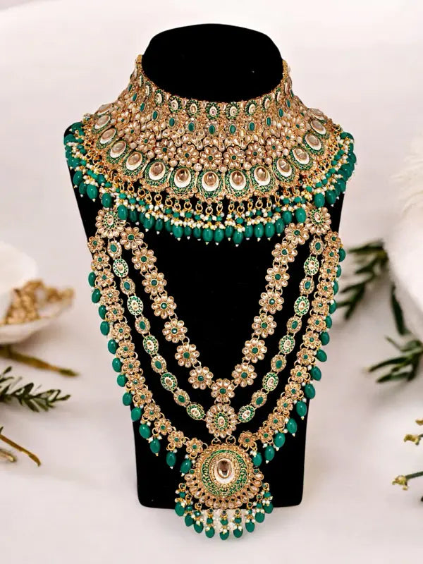 Tehzeeb Creations Traditional Designer Kundan Stone Green Meenakari Choker Bridal Set