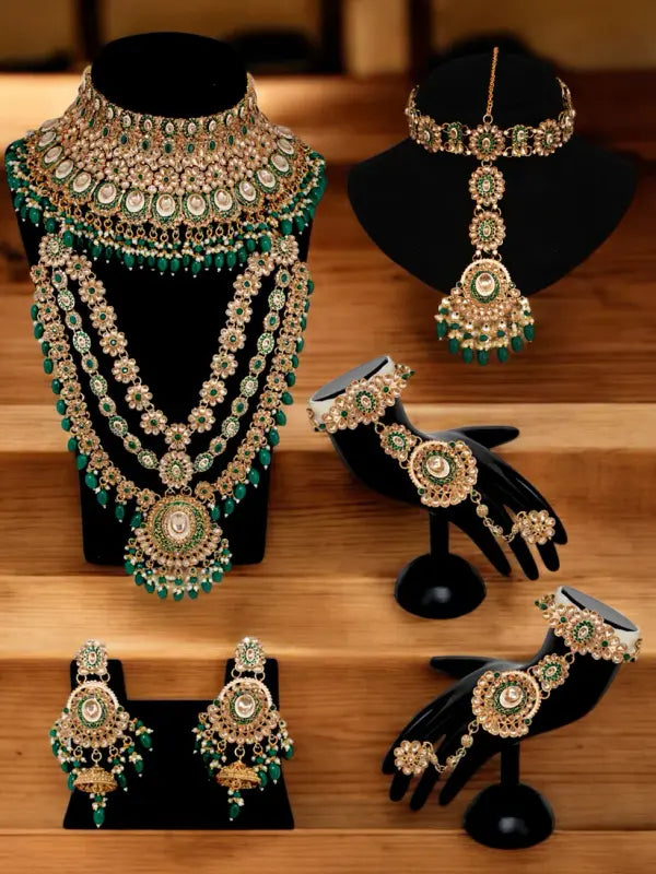 Tehzeeb Creations Traditional Designer Kundan Stone Green Meenakari Choker Bridal Set