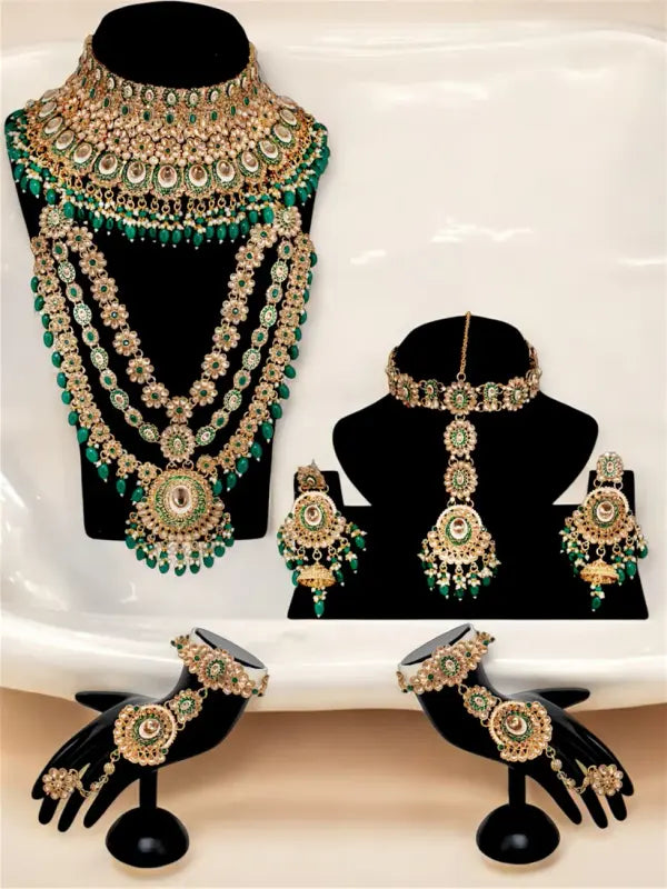 Tehzeeb Creations Traditional Designer Kundan Stone Green Meenakari Choker Bridal Set