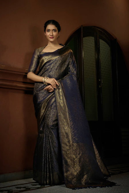 Vardha Prussian Blue Golden Zari Kanjeevaram Silk Saree