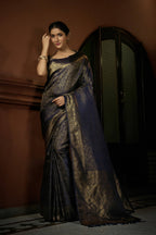 Vardha Prussian Blue Golden Zari Kanjeevaram Silk Saree