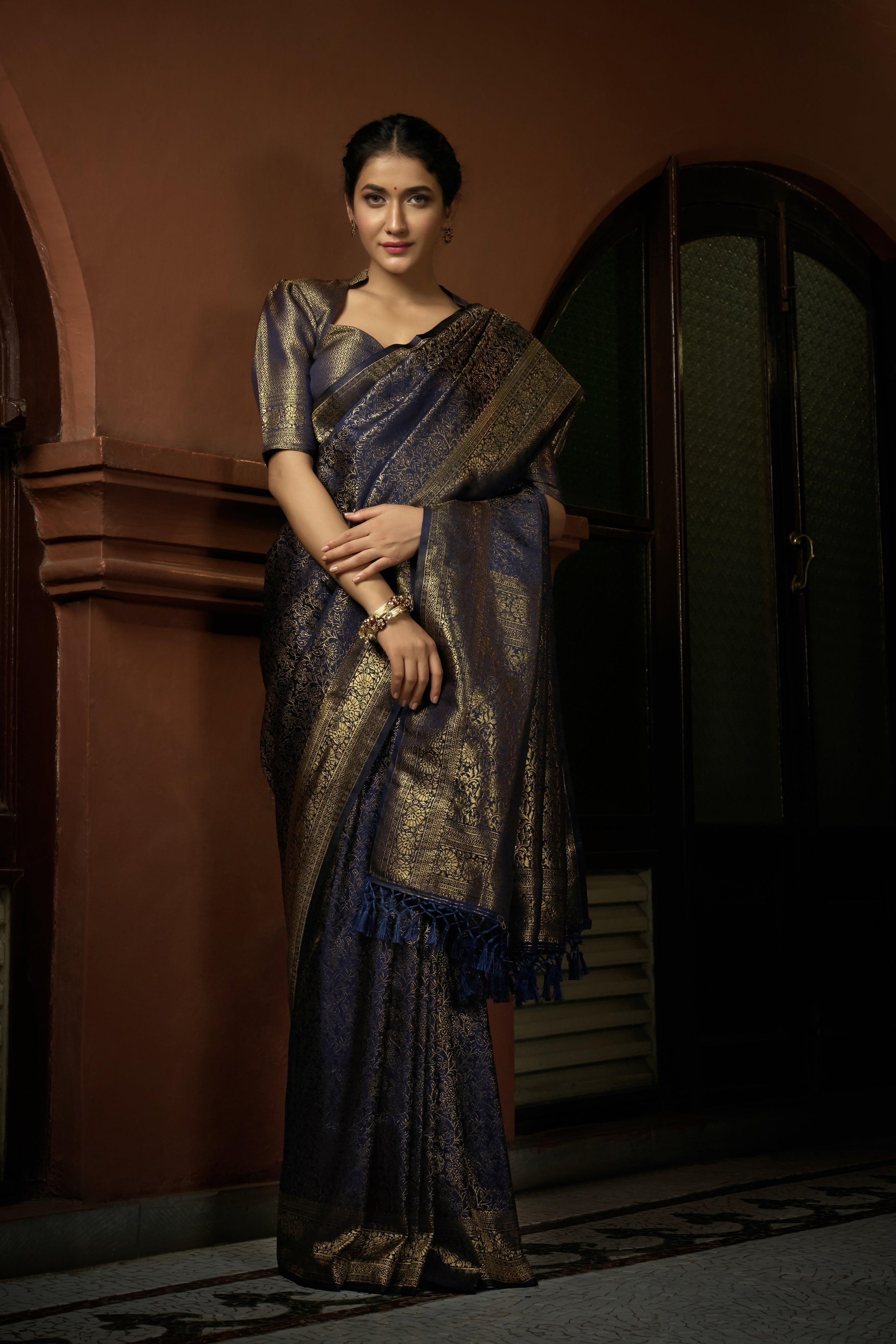 Vardha Prussian Blue Golden Zari Kanjeevaram Silk Saree