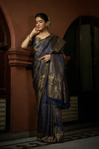 Vardha Prussian Blue Golden Zari Kanjeevaram Silk Saree
