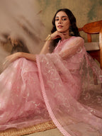 Sangria Pink Floral Embroidered Sequinned Net Saree - Distacart